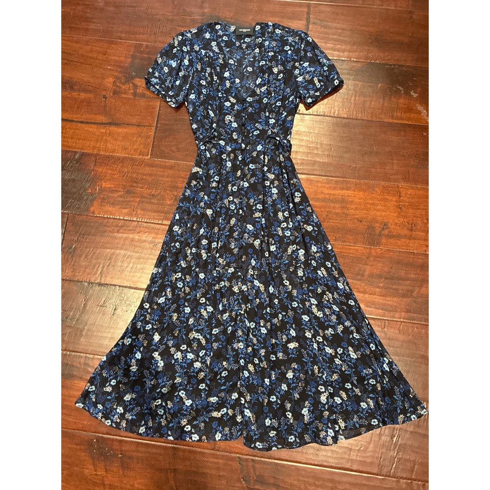 The Kooples Blue Floral Midi Dress Womens Sz 1 (US 4/Sm) Small V-Neck Tie Back